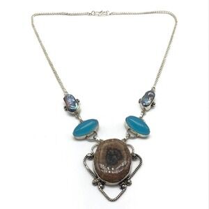 925 Sterling Silver Multi-Gemstone Quartz Abalone Blue Stone Statement Necklace